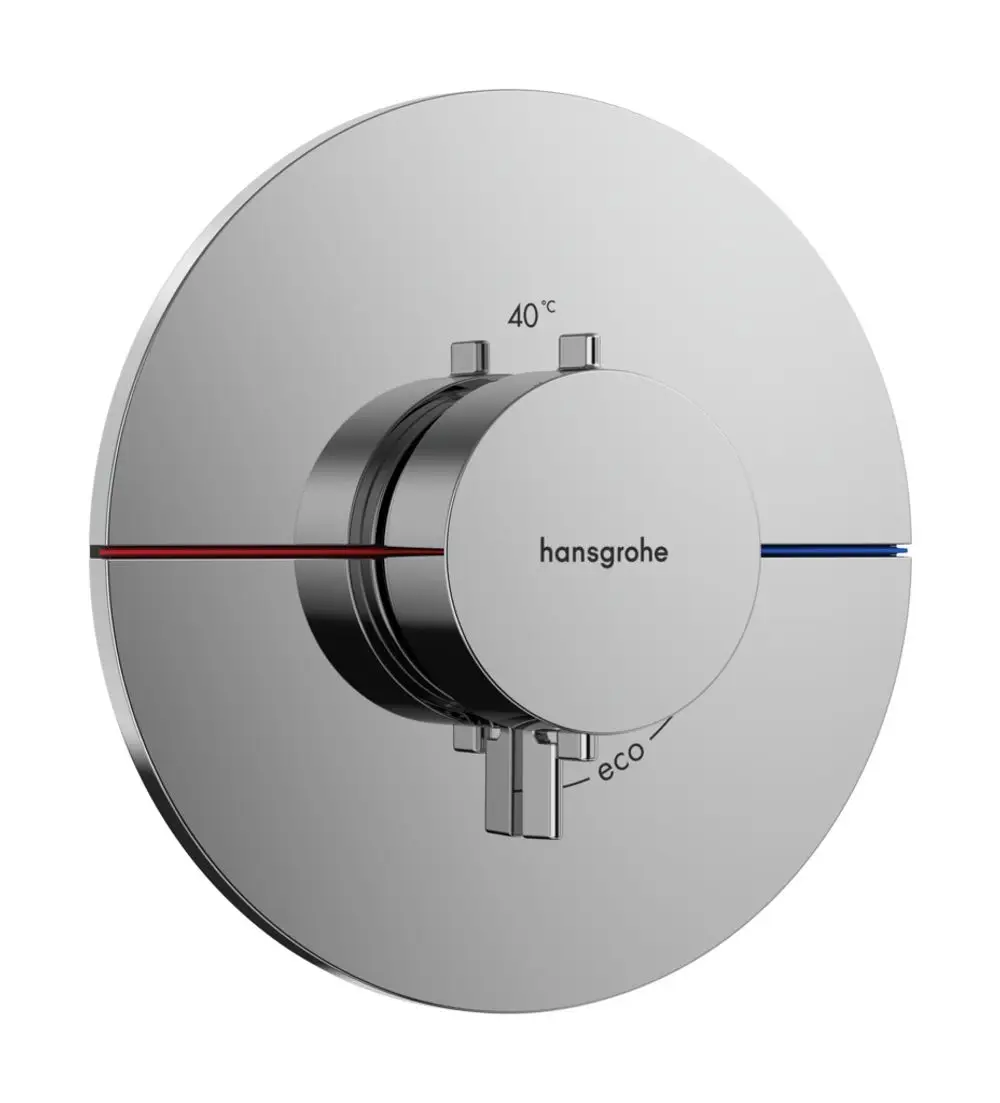 Thermostat von Hansgrohe mit kontrollierbaren Temperaturanzeigen und Eco-Funktion, montiert auf runder Chrom-Oberfläche. Farbige Markierungen für kaltes und warmes Wasser.